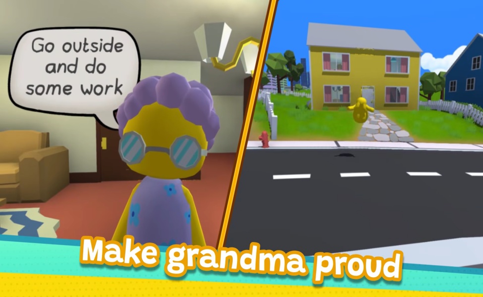 Wobbly Life gameplay showing character receiving grandma task instruction indoors