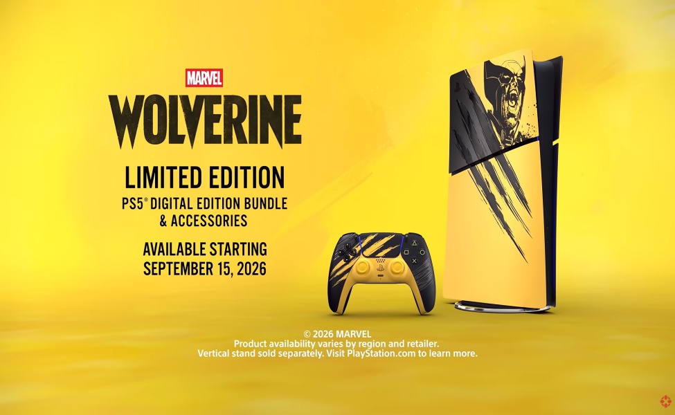 Marvel Wolverine limited edition PS5 console bundle with gold and black controller and vertical