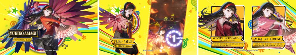 Yukiko Amagi character card showcase with multiple outfit variants and abilities in Persona