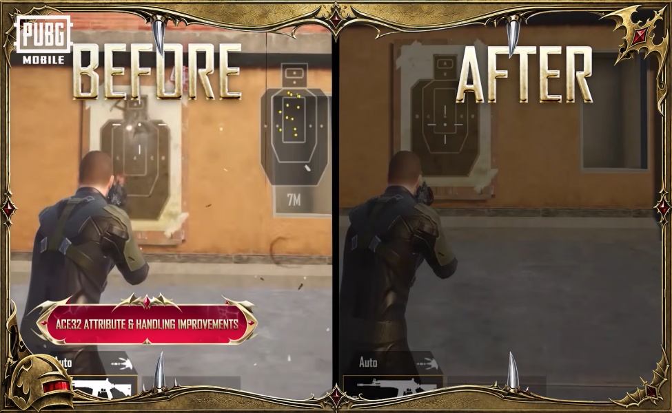 PUBG Mobile ACE32 weapon gameplay showing before and after attribute improvements
