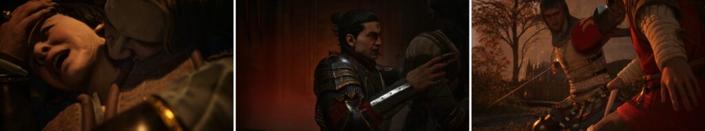 Gameplay scenes showing characters in fantasy armor and outdoor settings during combat sequences