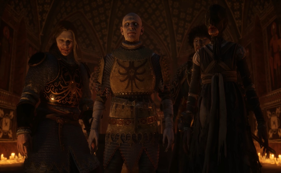 Four armored fantasy characters stand in a torch-lit chamber with medieval warrior attire