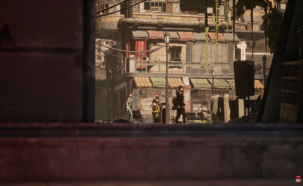 EVE character standing in urban alley with NPCs in Stellar Blade gameplay scene