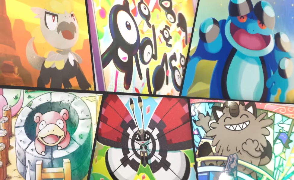Colorful Pokémon card illustrations arranged in a grid layout featuring various creatures