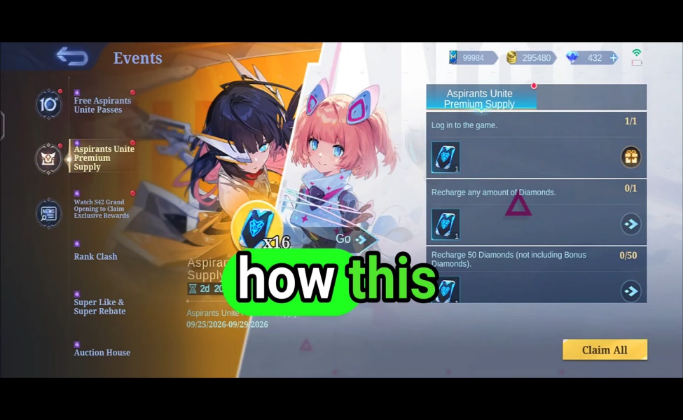 MLBB Aspirants Unite Premium Supply Phase 2 event interface with Diamond rewards