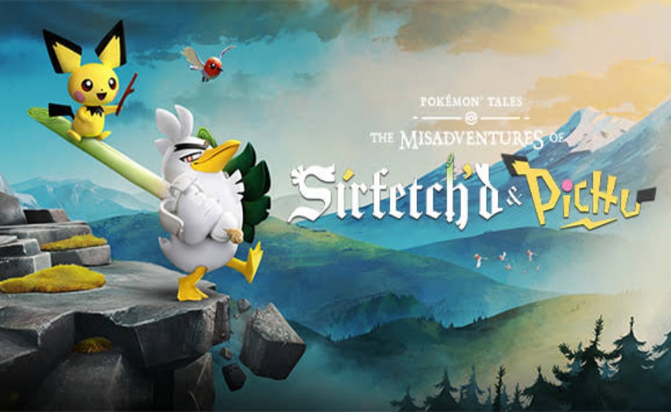 Pokemon Tales promotional art featuring Sirfetchd and Pikachu in mountainous landscape