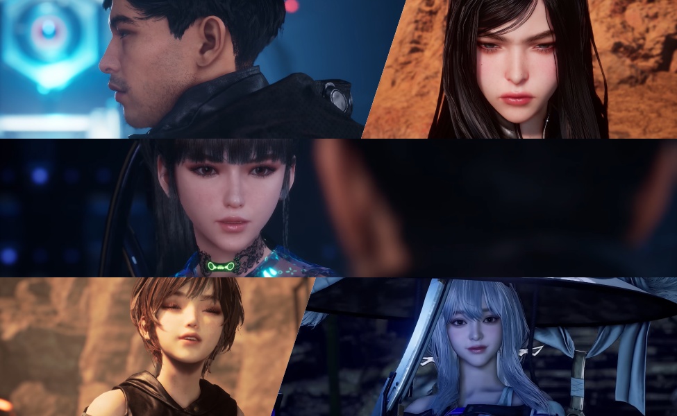 Stellar Blade character portraits featuring EVE and multiple female characters from the game