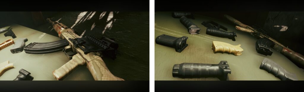 Weapons and tactical gear laid out on table including rifle with wooden furniture and ammunition