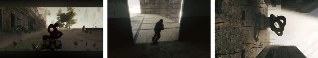 First-person tactical gameplay showing soldier running through urban environment with weapon