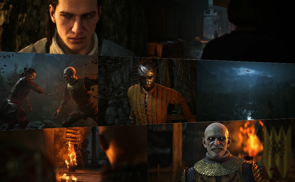 Video game character scenes showing dialogue and combat in medieval fantasy setting