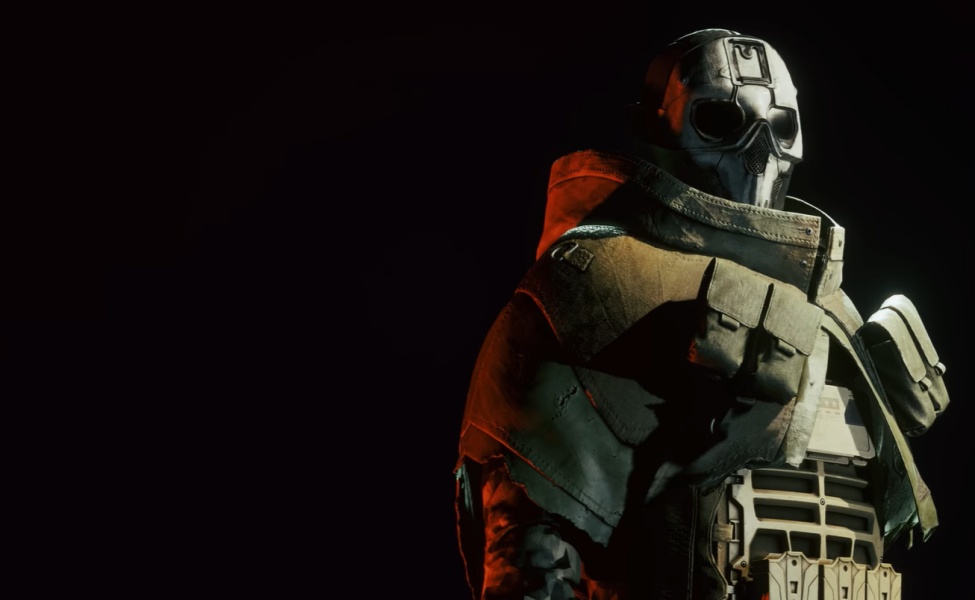 Futuristic soldier in tactical gear with white armor and red jacket against dark background