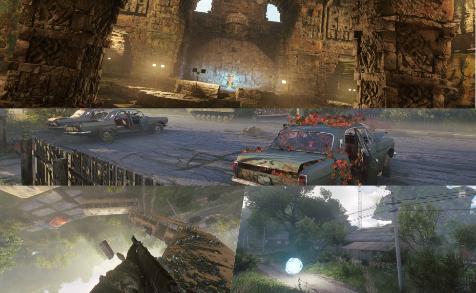 Active Matter gameplay screenshots showing post-apocalyptic environments and abandoned vehicles