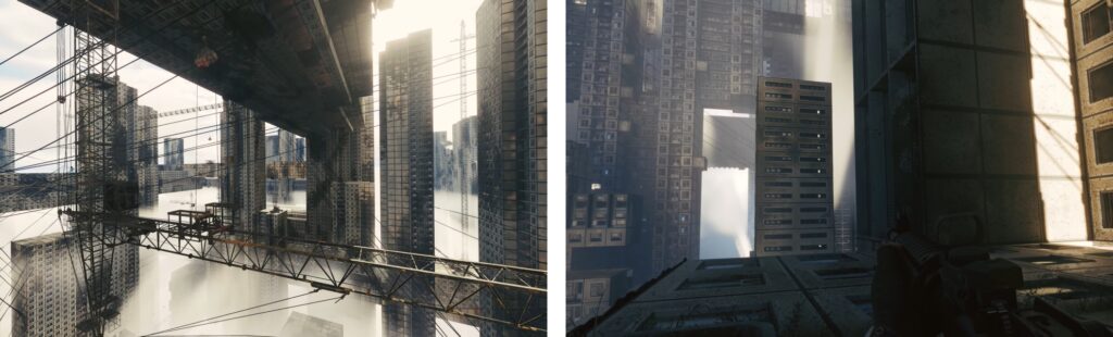 Urban cityscape with skyscrapers, construction crane, and misty skyline view