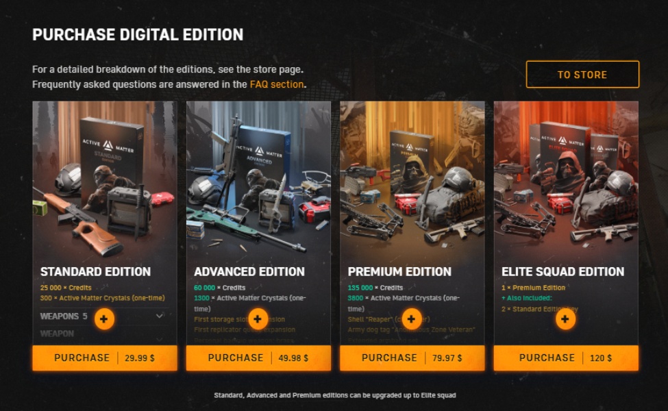 Active Matter game digital edition purchase options showing Standard, Advanced, Premium