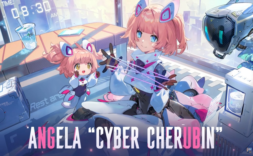 Angela Cyber Cherubin skin in futuristic room with pink and blue aesthetic