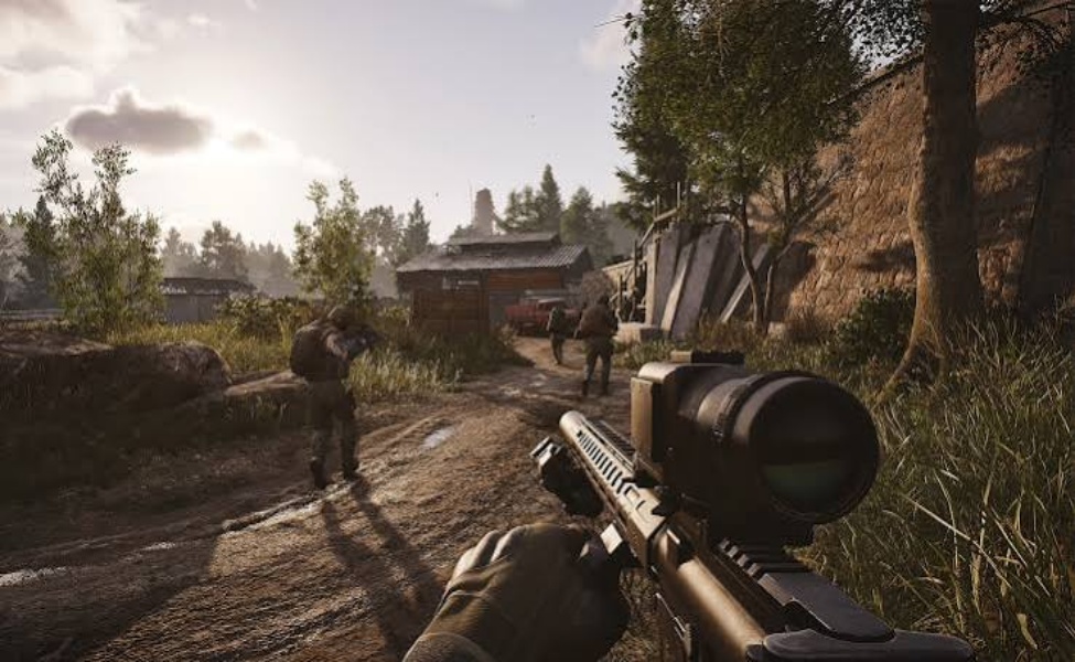 First-person shooter view aiming rifle scope at enemy soldiers in military compound PvPvE game