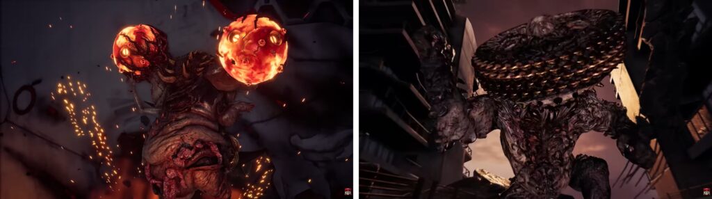 Stellar Blade boss character with glowing orbs and dark armor in combat stance