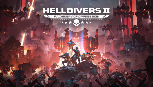 Helldivers II Machinery of Oppression game cover art featuring armored soldiers in combat