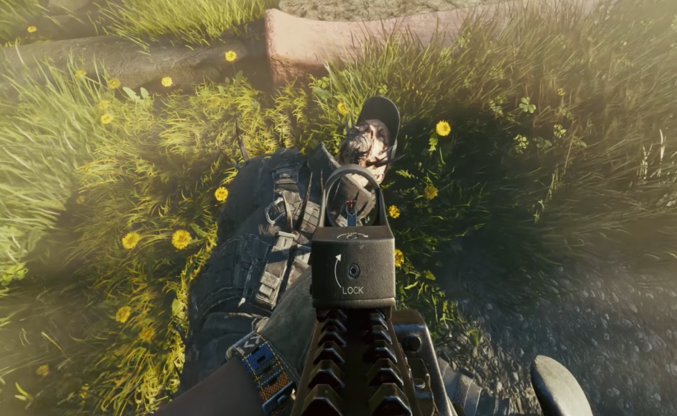 First-person view of character with tactical gear and weapon in grass field