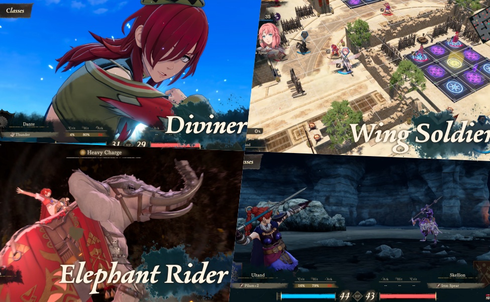 Fire Emblem Fortune's Weave class promotion examples featuring Diviner, Wing Soldier