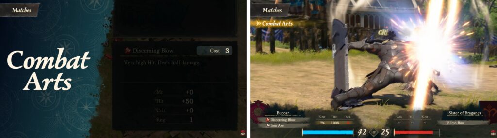 Fire Emblem combat arts ability menu showing Discerning Blow skill details and battle interface