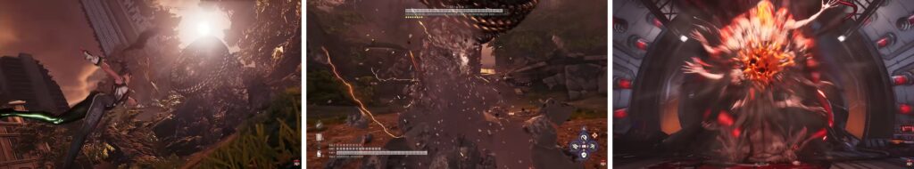 Stellar Blade combat scene showing EVE fighting enemies with explosive action effects