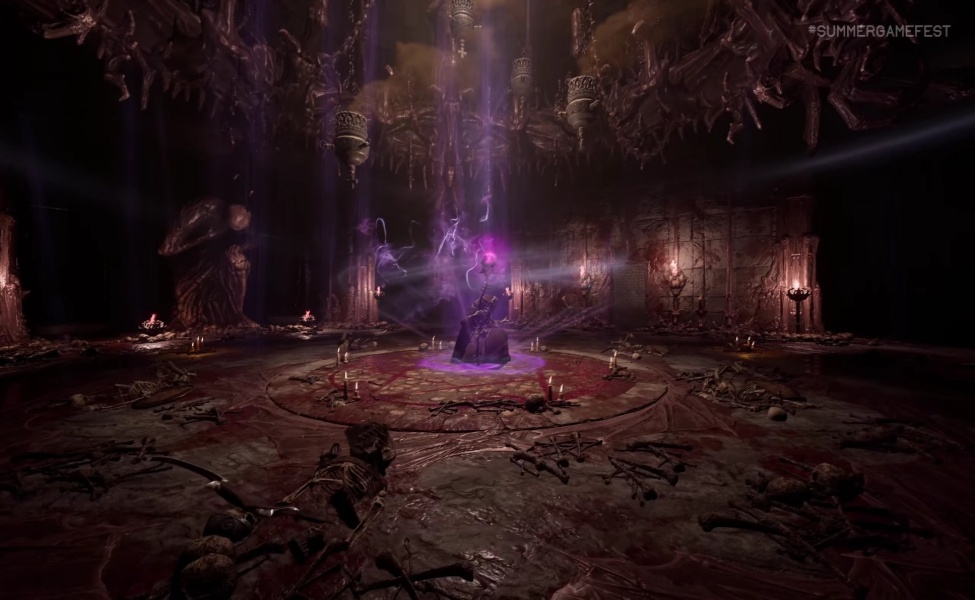 Dark underground chamber with purple magical ritual and skeletal remains in atmospheric dungeon