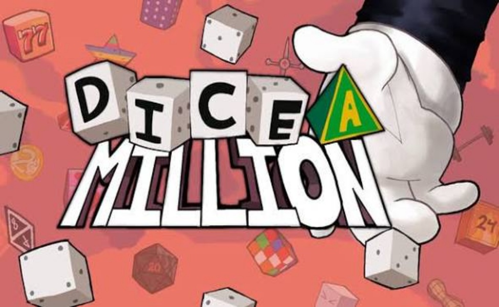 Dice A Million game logo with dice and gaming icons on pink background