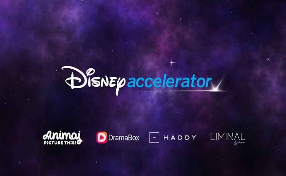 Disney Accelerator logo with DramaBox and partner company logos on purple starry background