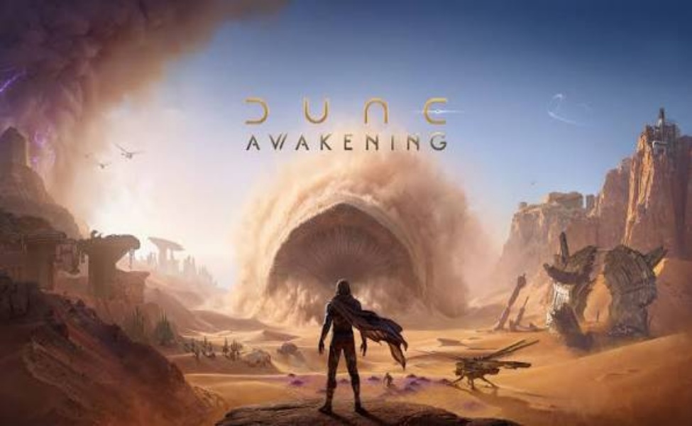 Dune Awakening desert landscape with figure holding weapon and massive sandworm