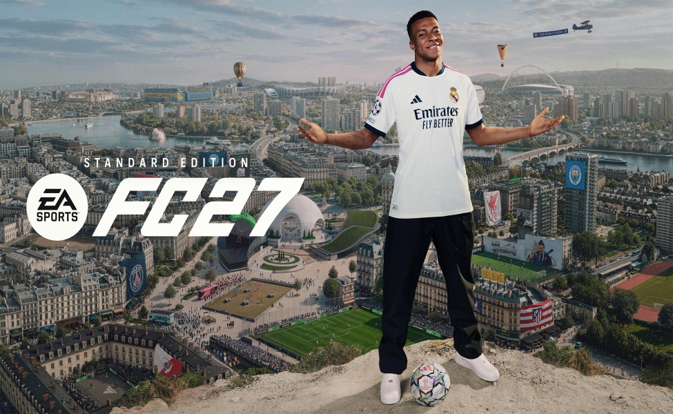 EA Sports FC 27 Standard Edition cover with player in Emirates kit overlooking Paris cityscape