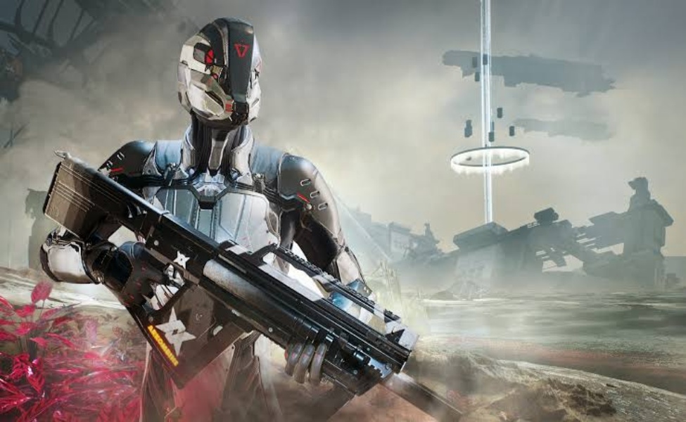 Armored soldier in white and black tactical suit wielding assault rifle in futuristic sci-fi