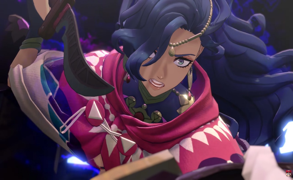 Fire Emblem Fortune's Weave character with dark hair, pink outfit, and gold accessories