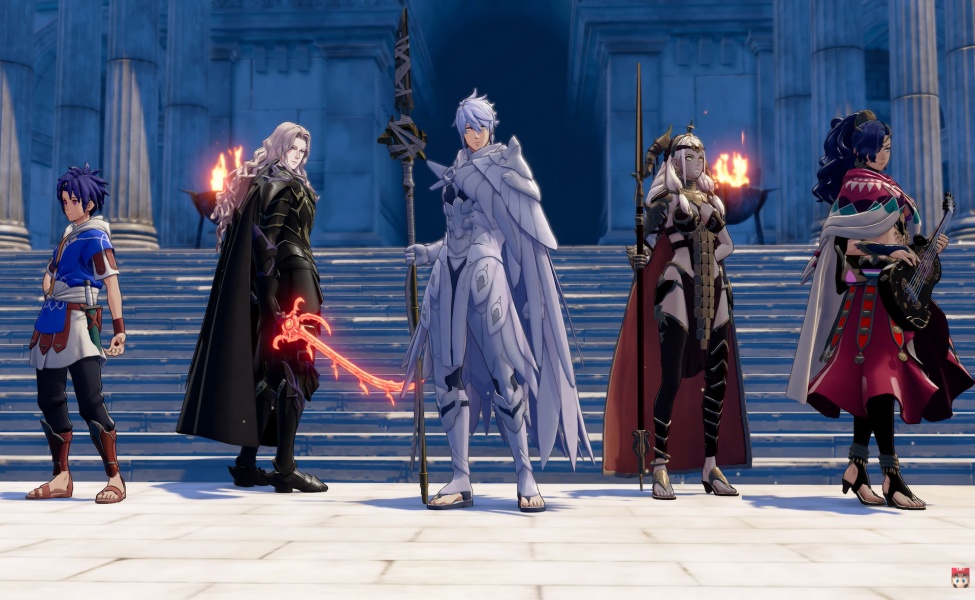 Fire Emblem Fortune's Weave protagonists standing in grand hall with magical staffs and weapons