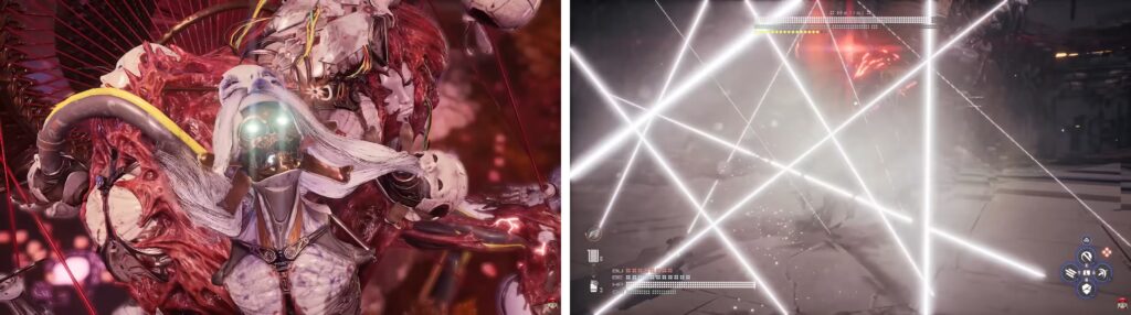 Stellar Blade Complete Edition boss fight gameplay with intense red energy effects and lighting