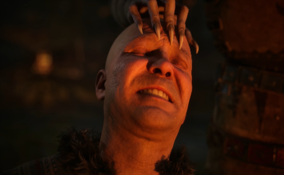 Bald character with intense expression in Blood of the Dawnwalker combat gameplay scene
