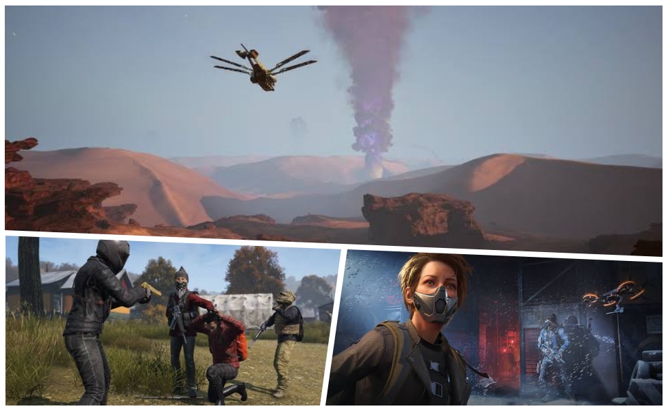 PvPvE game screenshots showing survival gameplay, combat, and AI enemies in extraction shooter