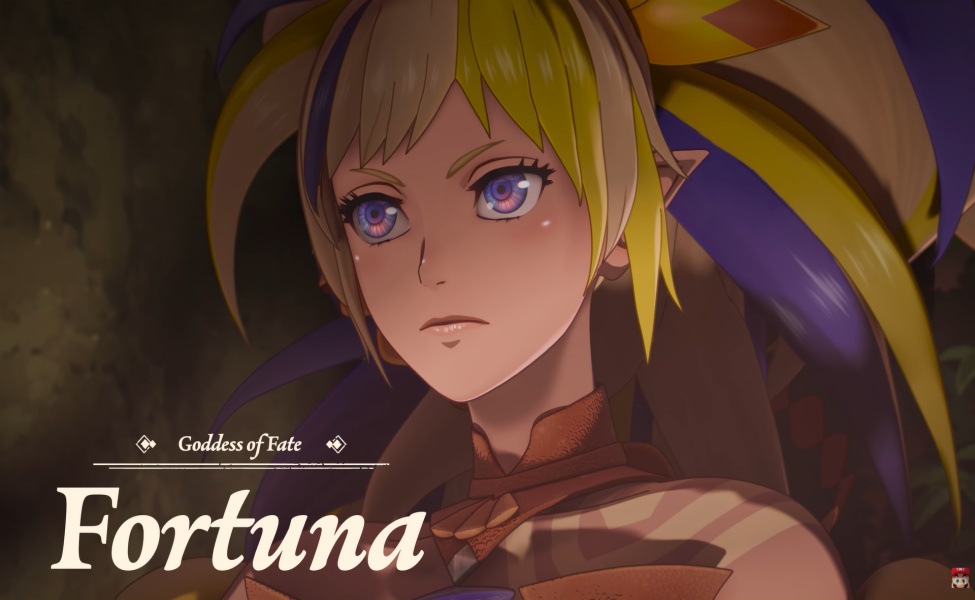 Fortuna, the Goddess of Fate character from Fire Emblem with purple eyes and blonde hair