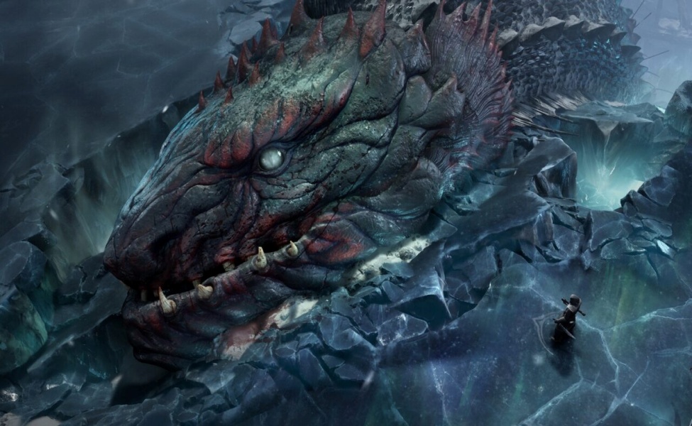 Massive mythical creature with glowing eye facing small human figure in dark fantasy landscape