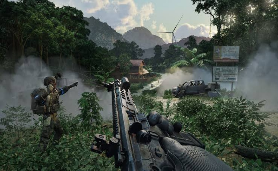 First-person view of soldier aiming rifle in misty jungle environment during PvPvE combat scenario