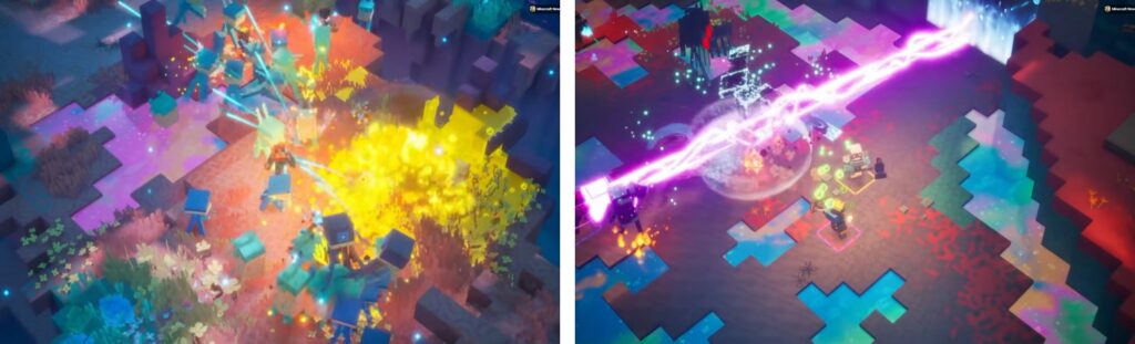 Colorful isometric Minecraft scene with glowing yellow explosion and purple energy beam amid