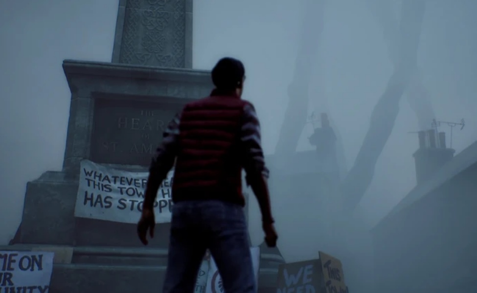 Character in red striped jacket standing before fog-shrouded town in Silent Hill Townfall