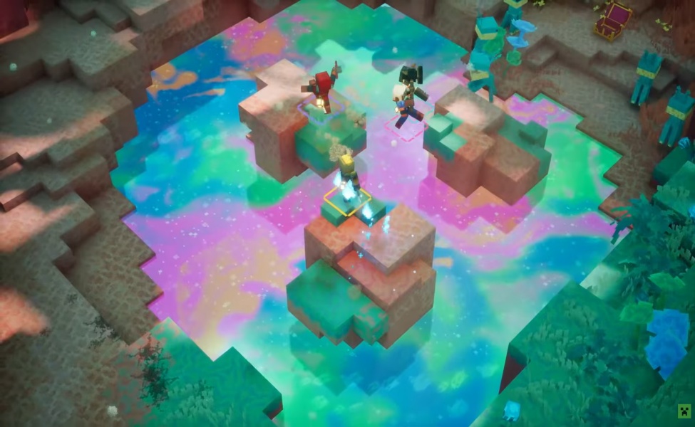 Minecraft Dungeons 2 colorful soul liquid landscape with player characters on floating blocks