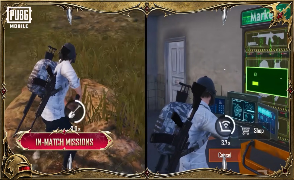 PUBG Mobile player viewing in-match missions during gameplay in a building interior
