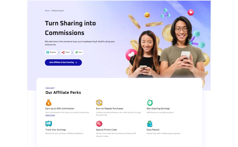 Joytify affiliate program overview showing commission perks and earning opportunities with two