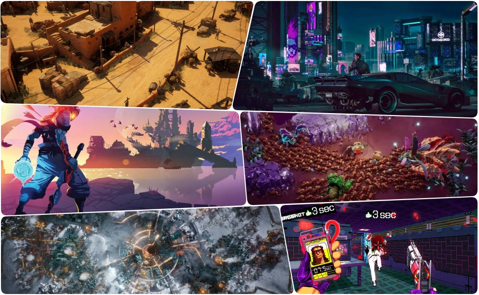 Collage of six video game screenshots showing diverse game genres and styles from Xbox Game Pass