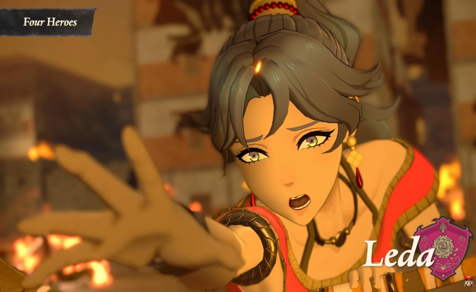 Leda character portrait from Fire Emblem Fortune's Weave with golden eyes and red outfit