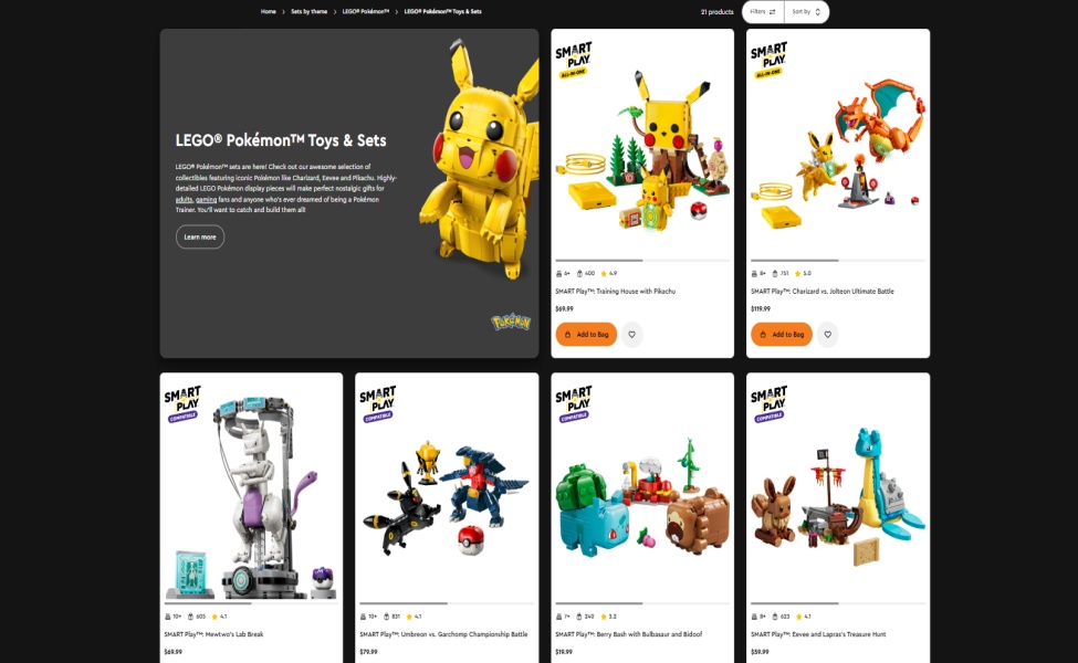 LEGO Pokémon toys and sets collection featuring Pikachu and character builds