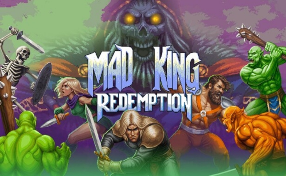Mad King Redemption game title screen with fantasy warriors and skeletal villain
