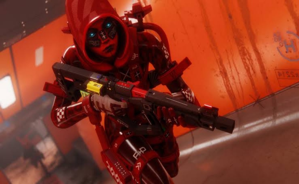 Red armored character with rifle in sci-fi extraction shooter gameplay